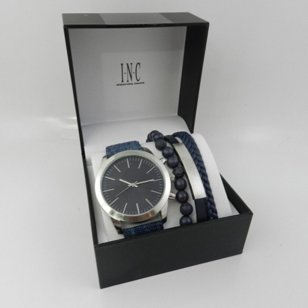 INTERNATIONAL CONCEPTS Men's Blue Denim Strap Watch 46mm Set